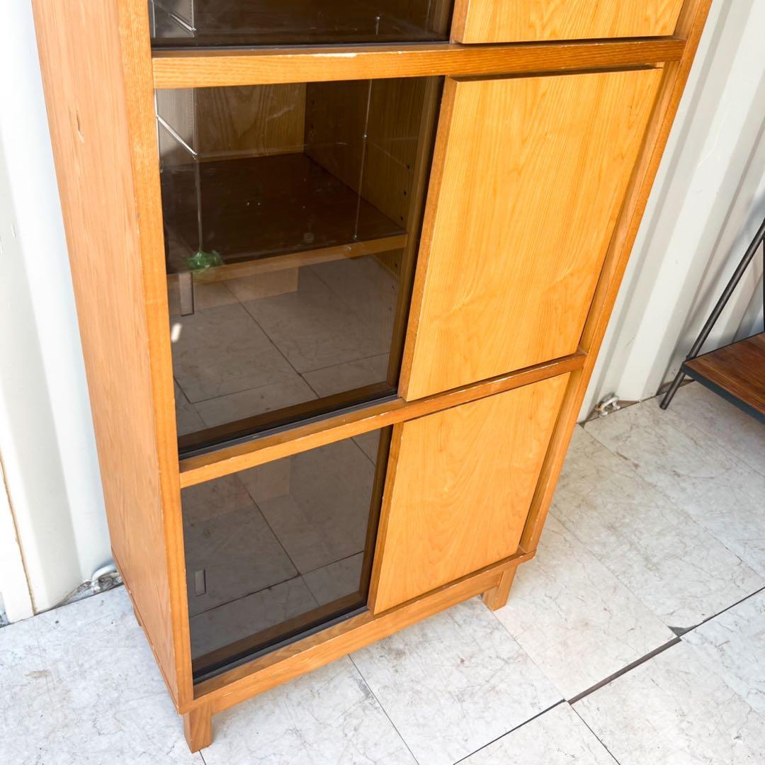 取付無料！フランフラン アコルド タモ材ブックシェルフ ブラックガラス戸付き本棚