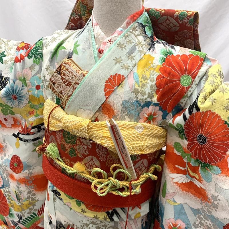 602ag5■七五三 七歳 女児 セミアンティーク着物&開き帯&長襦袢■良好