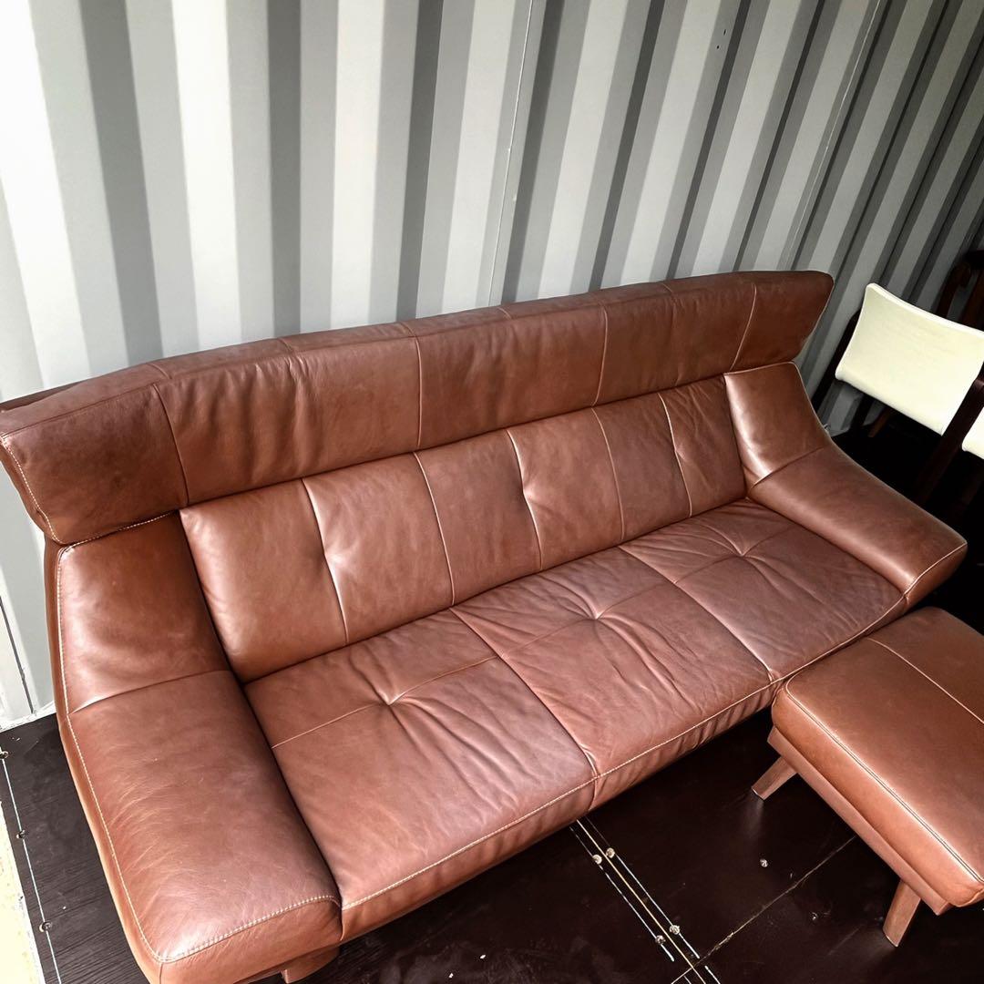 取付無料！カリモク家具 北欧風本革ココアブラウン3人掛けソファ