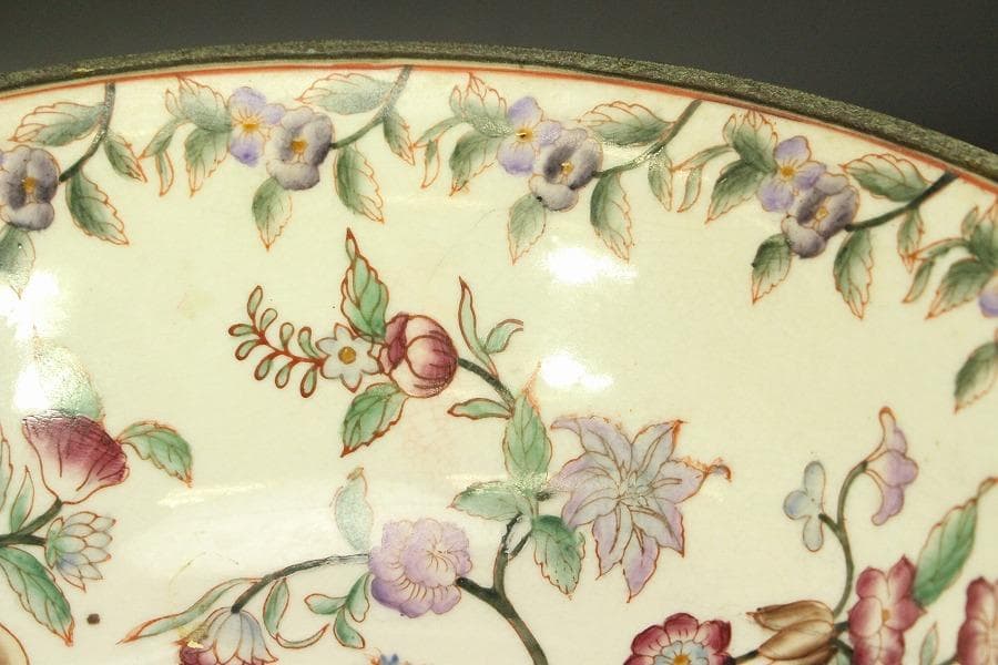 中国美術 色絵 ブロンズ 台 耳付 碗 34.3cmx24cm(LC603)