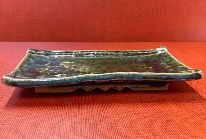 【値下げ】【6客】十六代 熊谷保興 上野焼 緑釉台付長皿【真作保証】