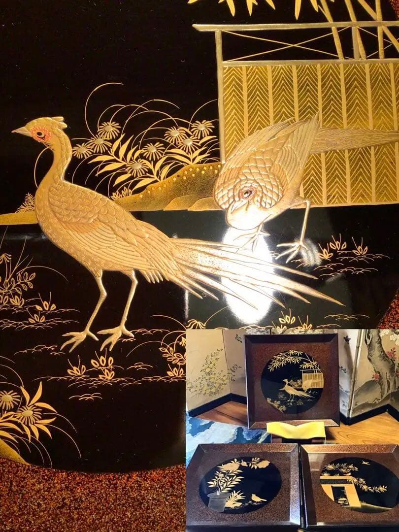 〝特別出品〟木製漆器　極上輪島塗　花鳥紋様蒔絵　絵替　梨地盆（銘　秀穂）10枚