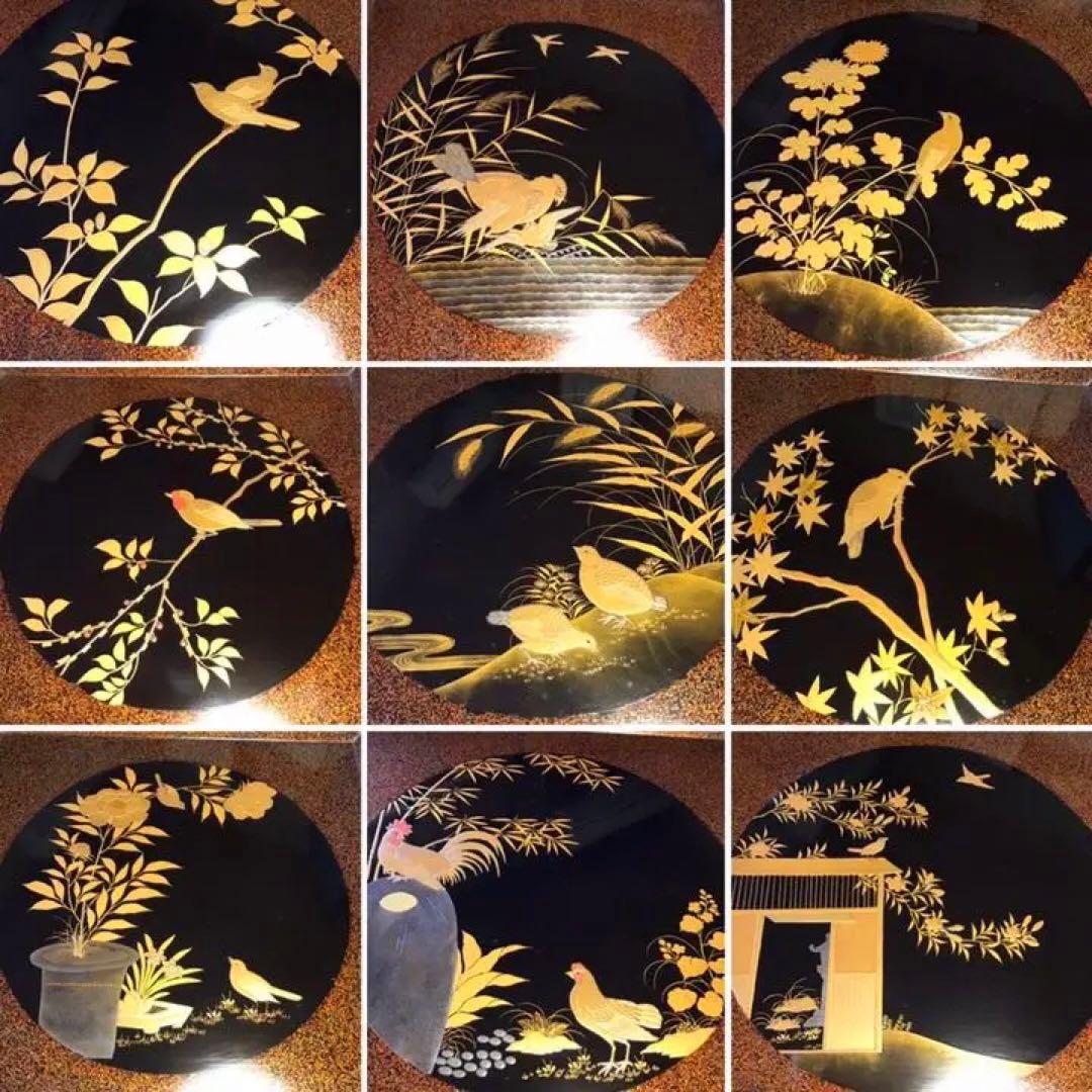 〝特別出品〟木製漆器　極上輪島塗　花鳥紋様蒔絵　絵替　梨地盆（銘　秀穂）10枚