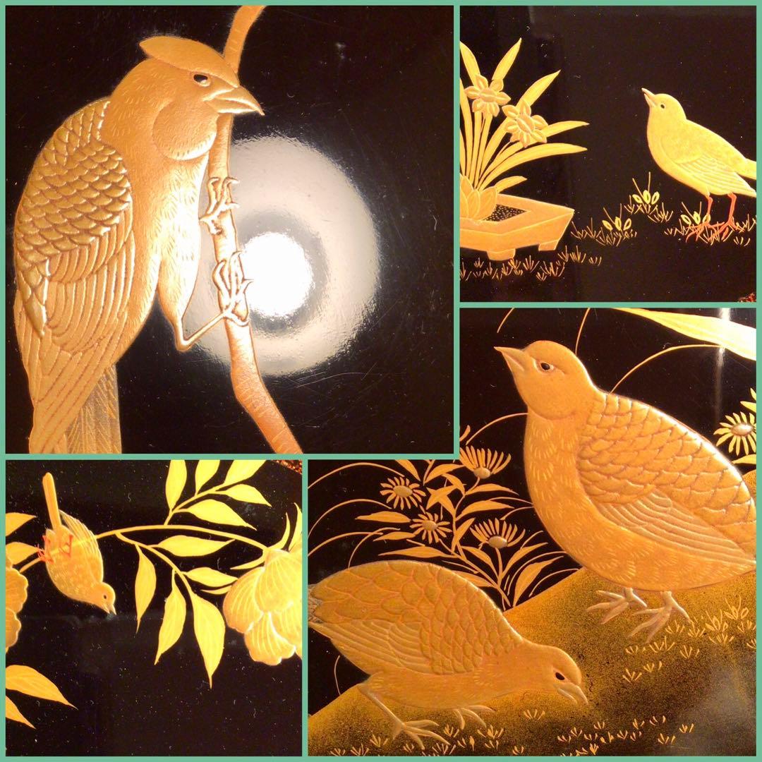 〝特別出品〟木製漆器　極上輪島塗　花鳥紋様蒔絵　絵替　梨地盆（銘　秀穂）10枚