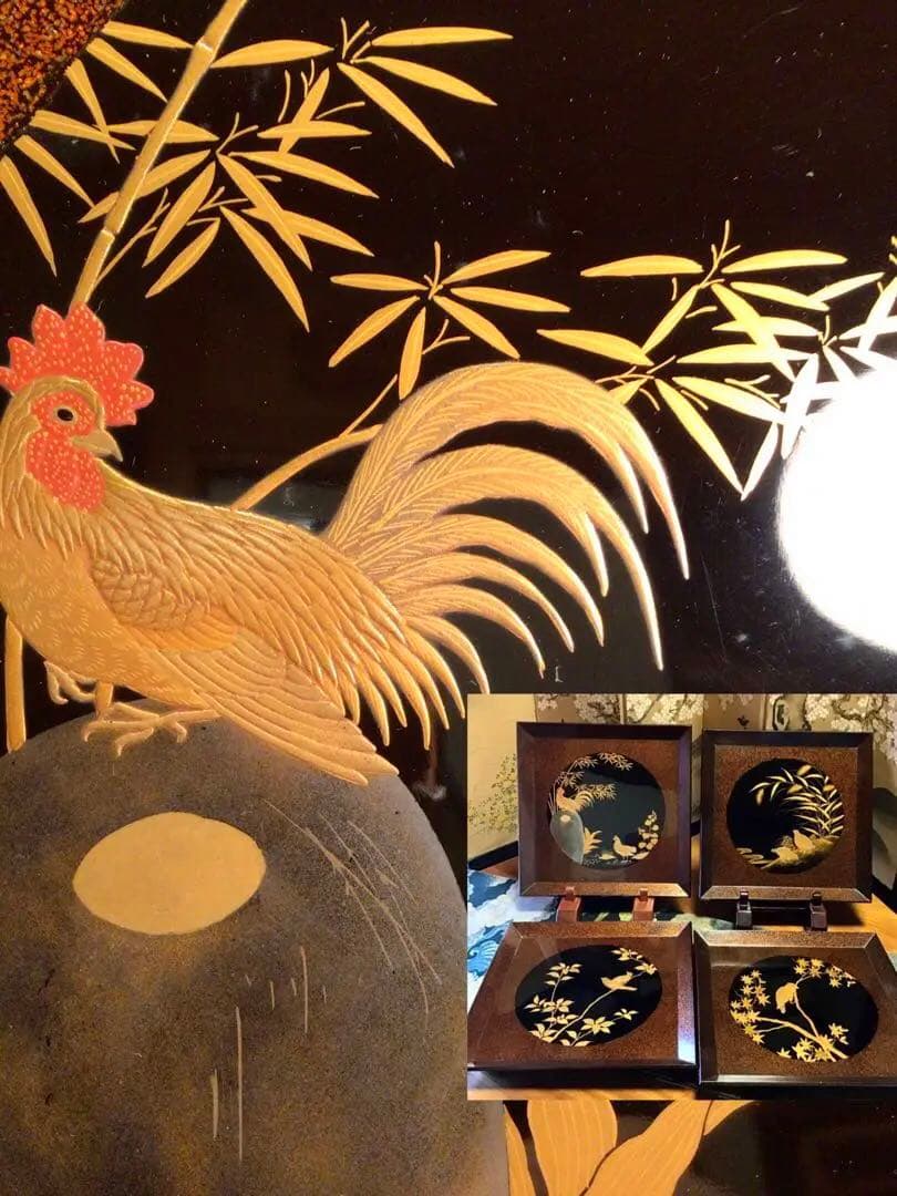 〝特別出品〟木製漆器　極上輪島塗　花鳥紋様蒔絵　絵替　梨地盆（銘　秀穂）10枚