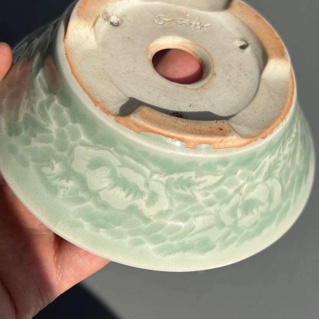 621.森山秀山 青瓷釉彫刻丸鉢 盆栽鉢 植木鉢 11.6*3.9cm
