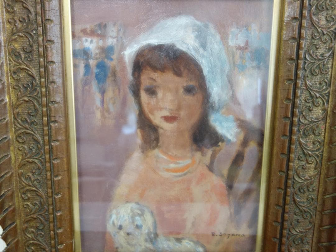 M▽青山龍水 油彩 絵画 額縁 少女と仔犬 (37904)