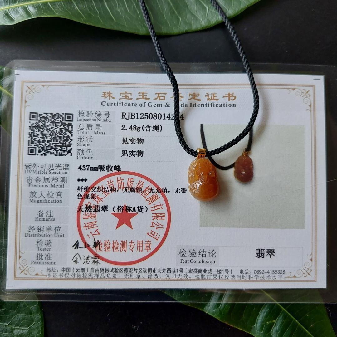 鑑別書付・18K希少天然ミャンマー産レッド本翡翠貔貅ヒキュウペンダント58224