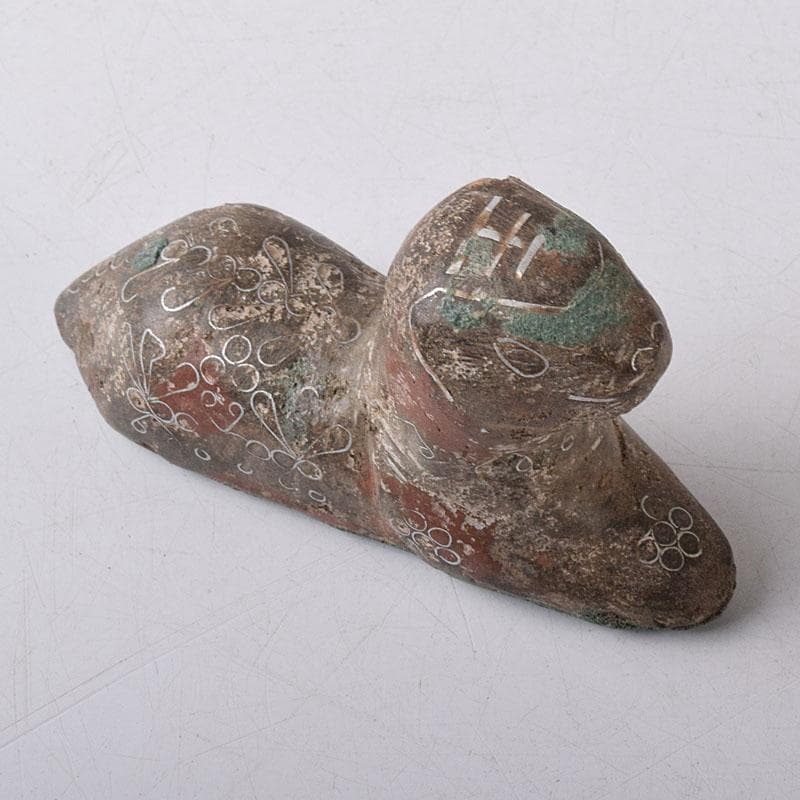 中国　天然石彫刻　銀象嵌彩色　神獣　紙鎮　置物　C　R8592