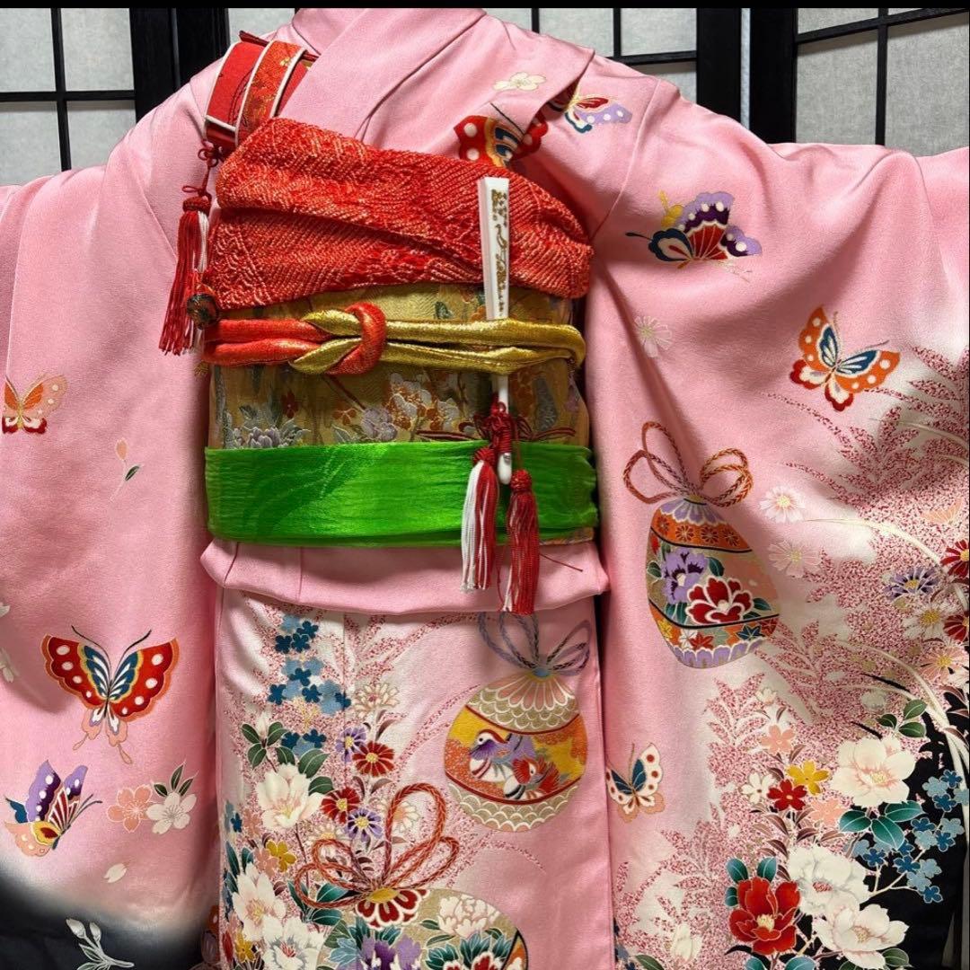 七五三　着物セット　7歳　正絹　淡いピンク色　ハーフ成人式　十三詣り　ふくら雀