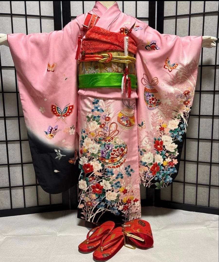 七五三　着物セット　7歳　正絹　淡いピンク色　ハーフ成人式　十三詣り　ふくら雀