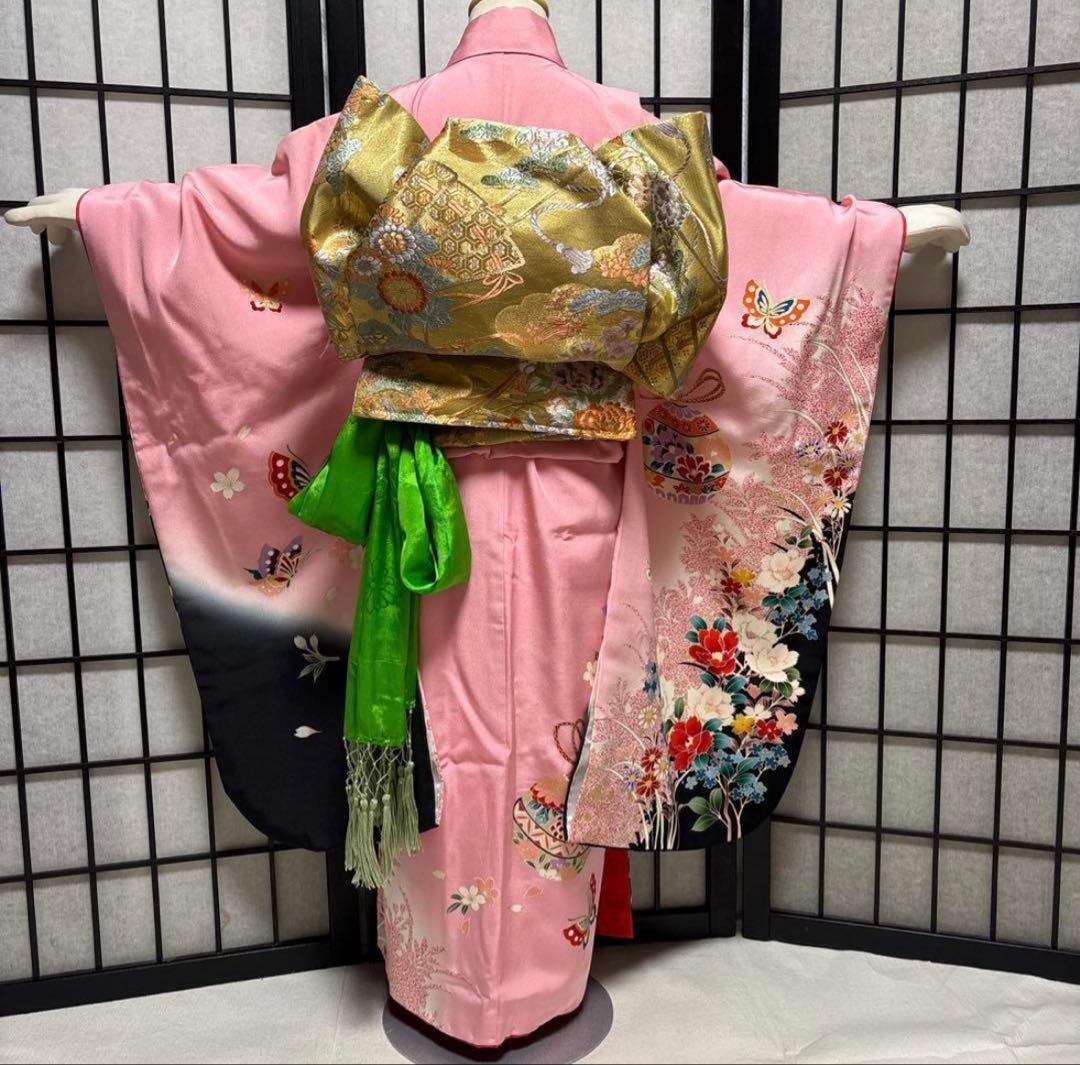 七五三　着物セット　7歳　正絹　淡いピンク色　ハーフ成人式　十三詣り　ふくら雀