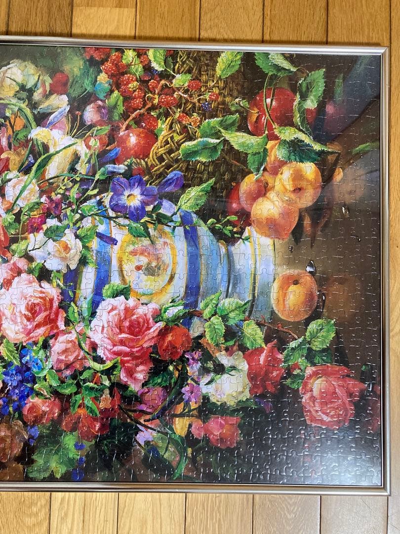 千P④花瓶もれでる花ジグソーパズル　アルミ額50×75㎝完成品　油絵　作名　美品