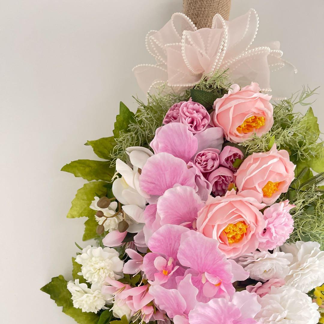 胡蝶蘭とミモザのスワッグ｜光触媒フラワー 特大83cm 春色フラワーリース