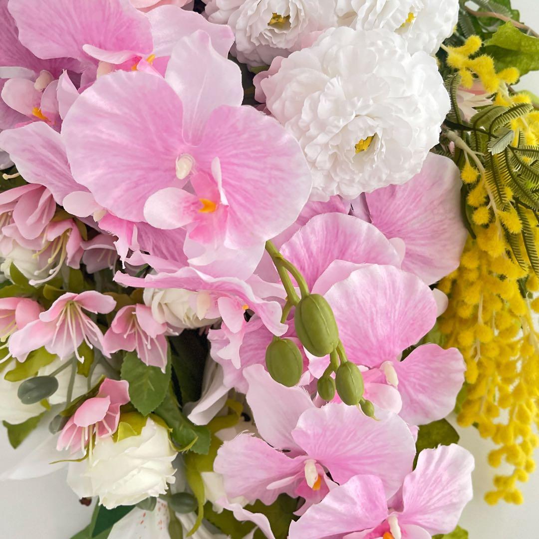 胡蝶蘭とミモザのスワッグ｜光触媒フラワー 特大83cm 春色フラワーリース