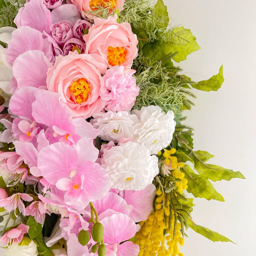 胡蝶蘭とミモザのスワッグ｜光触媒フラワー 特大83cm 春色フラワーリース