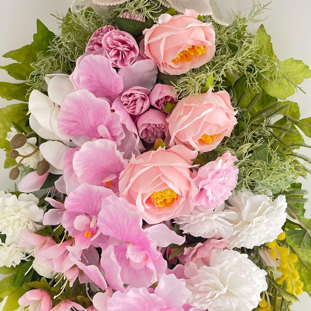 胡蝶蘭とミモザのスワッグ｜光触媒フラワー 特大83cm 春色フラワーリース