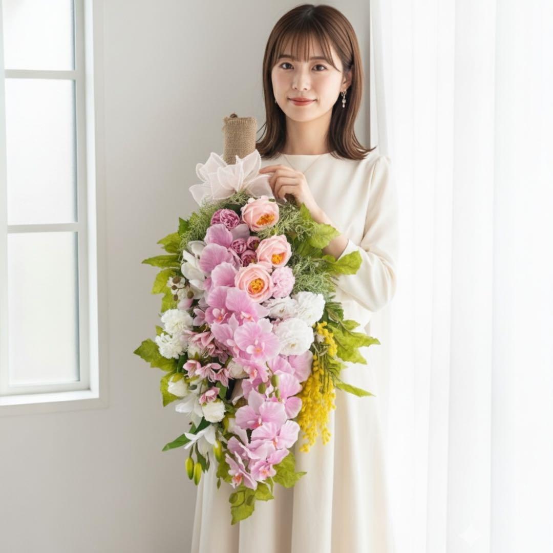 胡蝶蘭とミモザのスワッグ｜光触媒フラワー 特大83cm 春色フラワーリース
