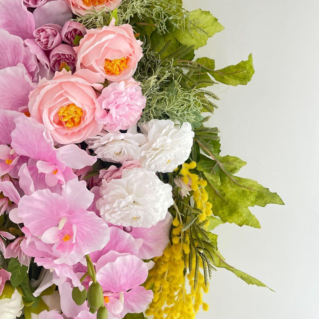 胡蝶蘭とミモザのスワッグ｜光触媒フラワー 特大83cm 春色フラワーリース