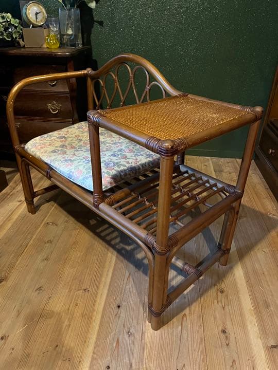 テレフォンベンチ 籐 ラタン インテリア 昭和レトロ 椅子 テーブル