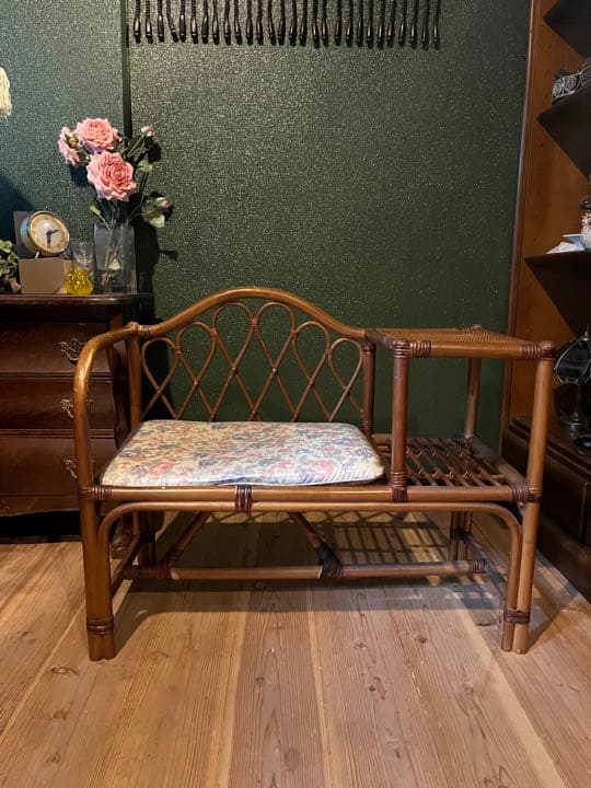 テレフォンベンチ 籐 ラタン インテリア 昭和レトロ 椅子 テーブル