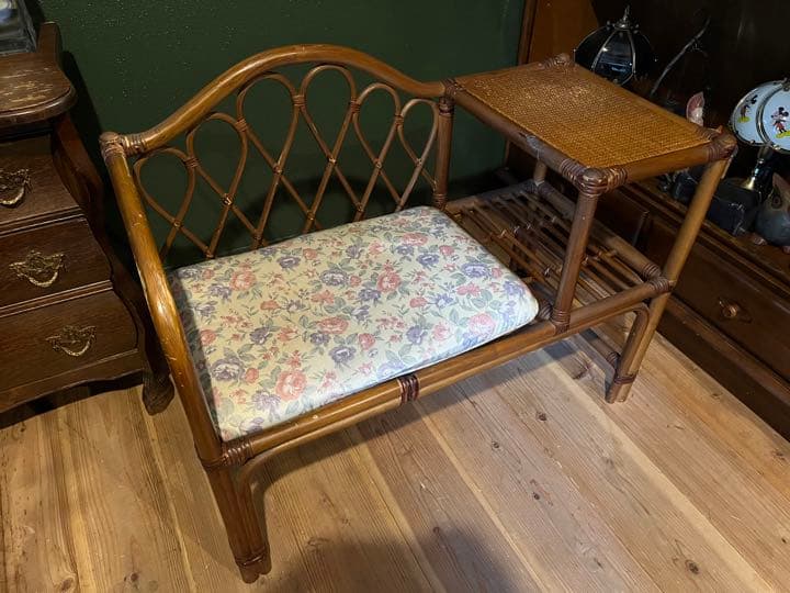 テレフォンベンチ 籐 ラタン インテリア 昭和レトロ 椅子 テーブル