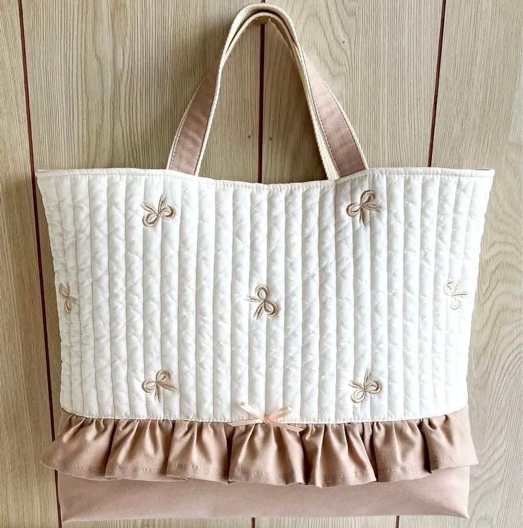 リボン ヌビ レッスンバッグ イブル ベージュ ピンク 入園入学 手提げ