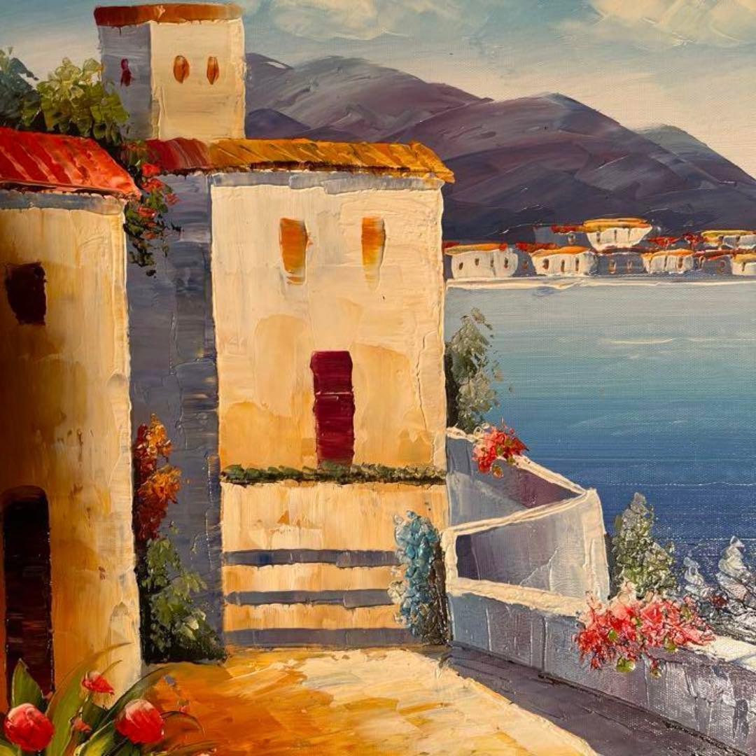 手書き油絵 地中海の風景 額付 絵画 インテリア 油彩画