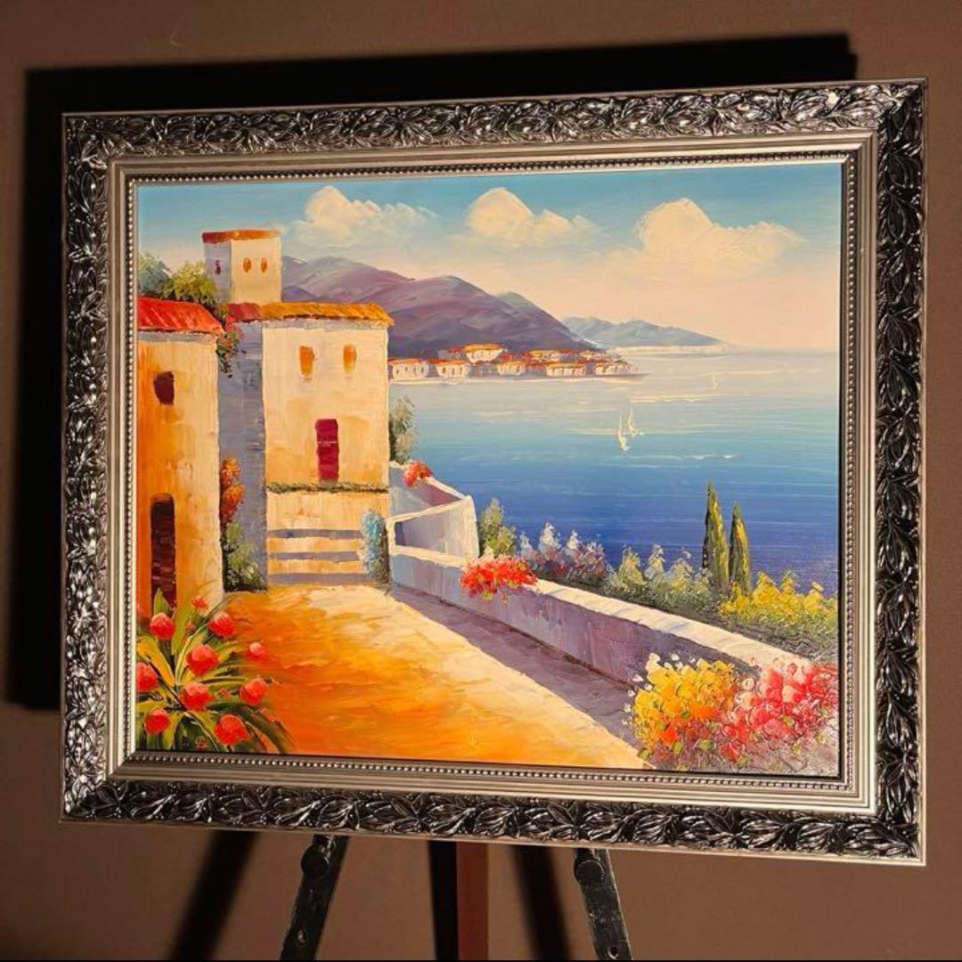 手書き油絵 地中海の風景 額付 絵画 インテリア 油彩画