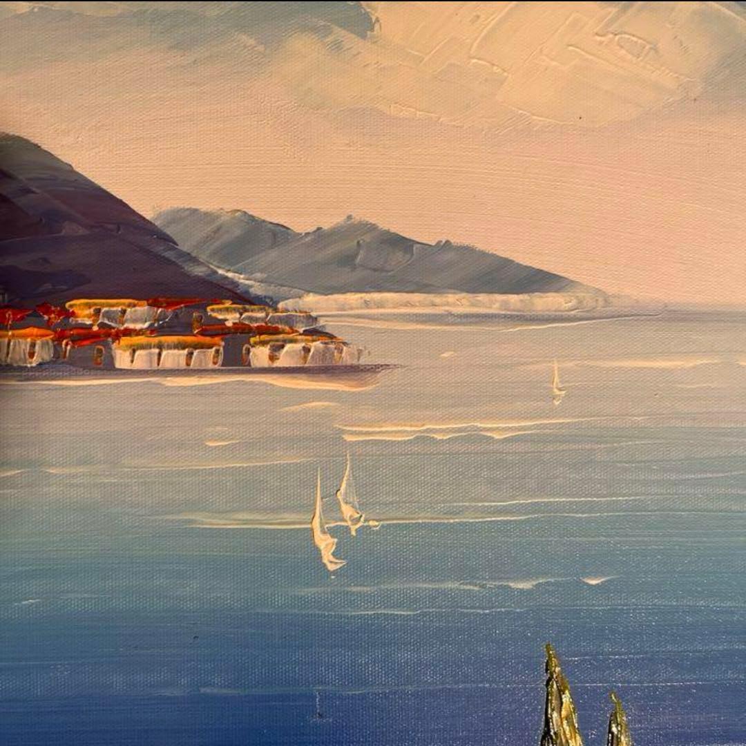 手書き油絵 地中海の風景 額付 絵画 インテリア 油彩画