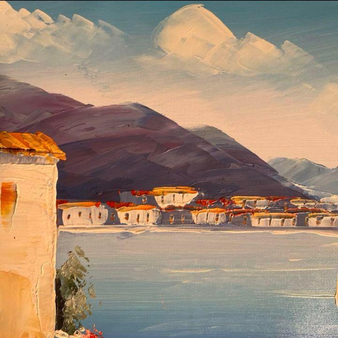 手書き油絵 地中海の風景 額付 絵画 インテリア 油彩画