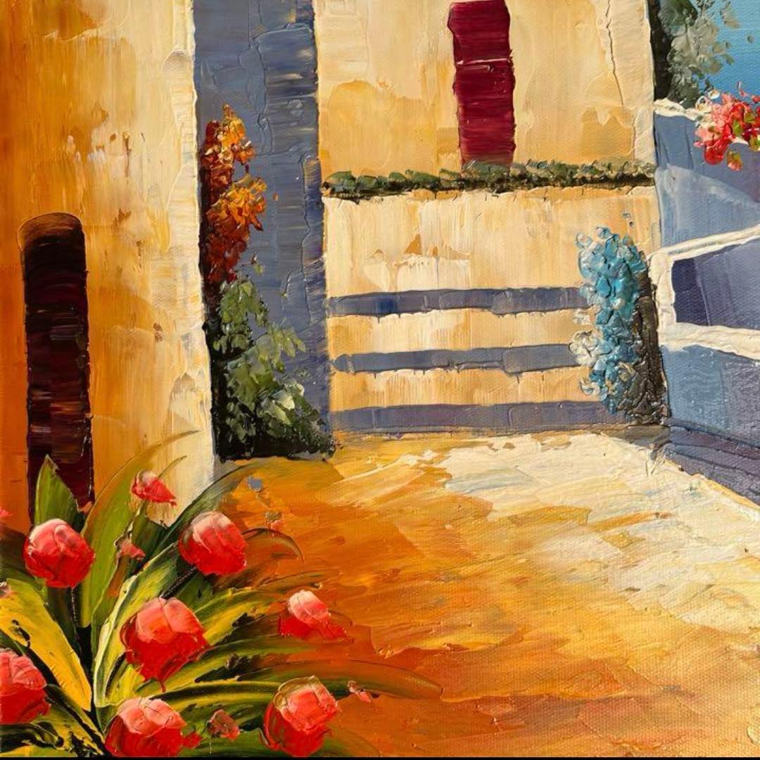 手書き油絵 地中海の風景 額付 絵画 インテリア 油彩画