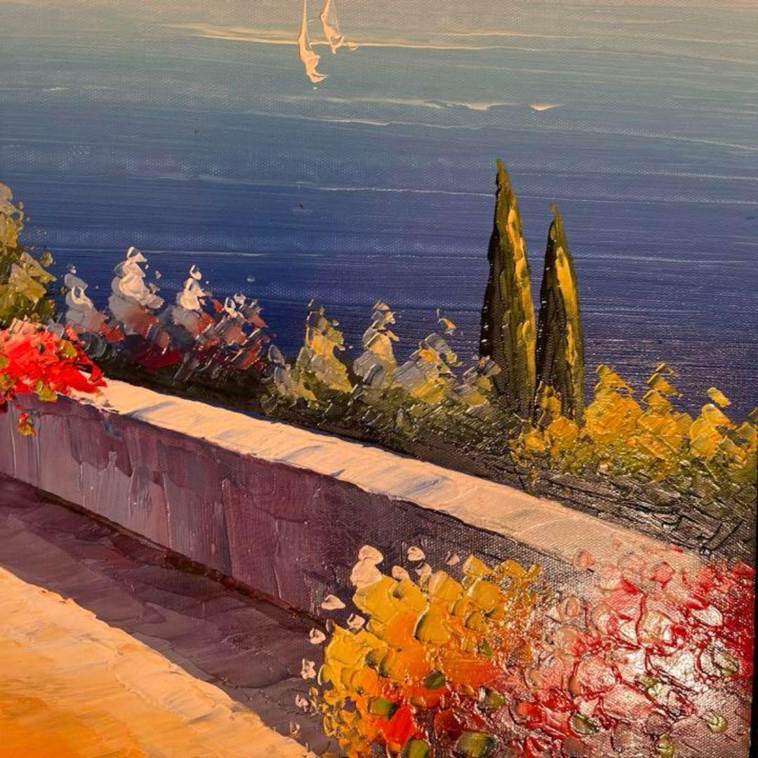 手書き油絵 地中海の風景 額付 絵画 インテリア 油彩画