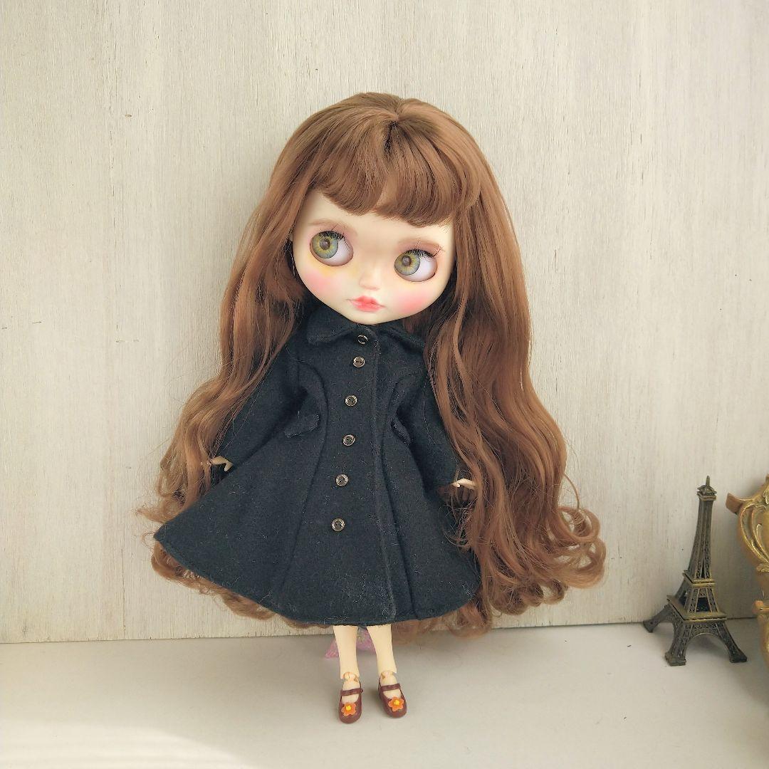 812※ウール素材の黒のフレアロングコート※ブライスアウトフィット※1/6ドール