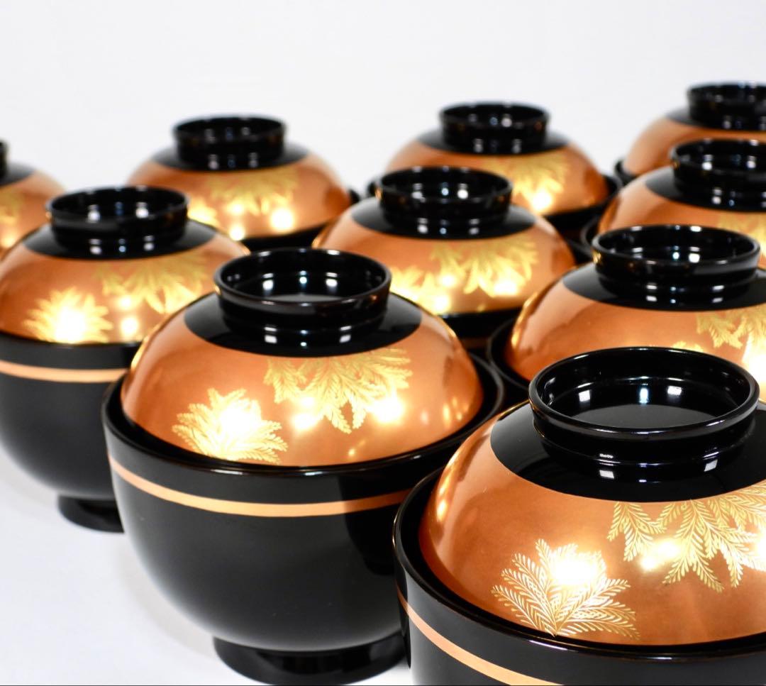 【美品】輪島塗 木製漆器 沈金 蓋椀 吸物椀 汁椀 10客