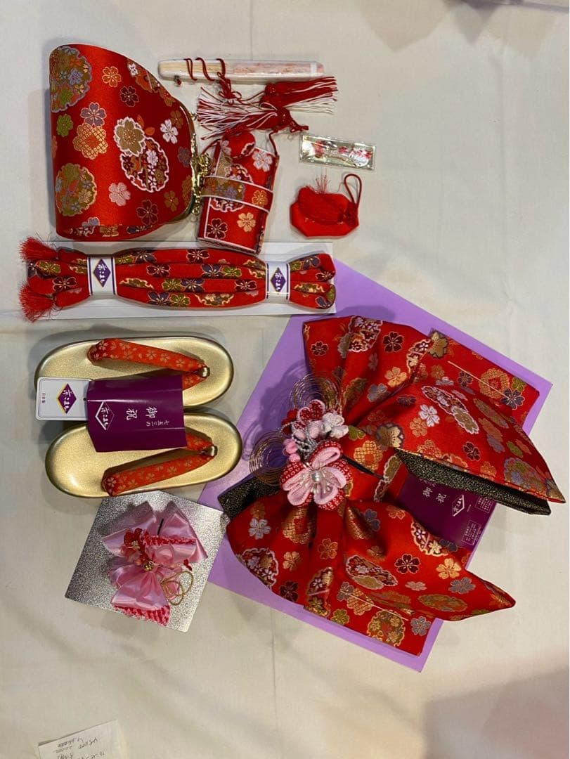 七五三　結び帯セット　5歳用　赤い花柄 着物用小物セット　子供服