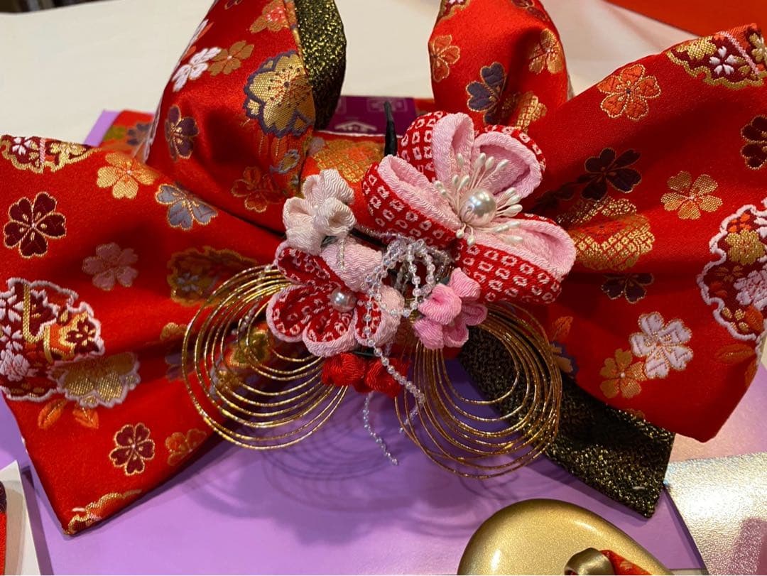 七五三　結び帯セット　5歳用　赤い花柄 着物用小物セット　子供服