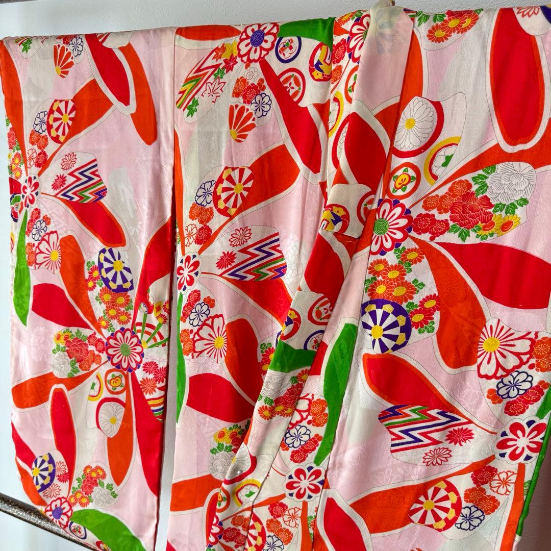 しつけ付　着物　正絹　ピンク　赤　七五三　子供着物　150裄59 アンティーク