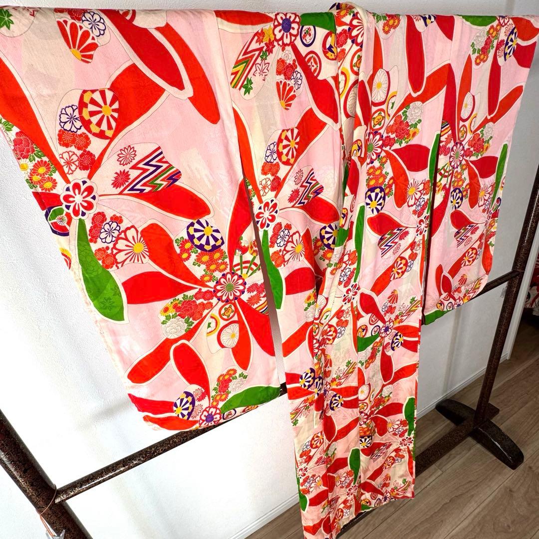 しつけ付　着物　正絹　ピンク　赤　七五三　子供着物　150裄59 アンティーク