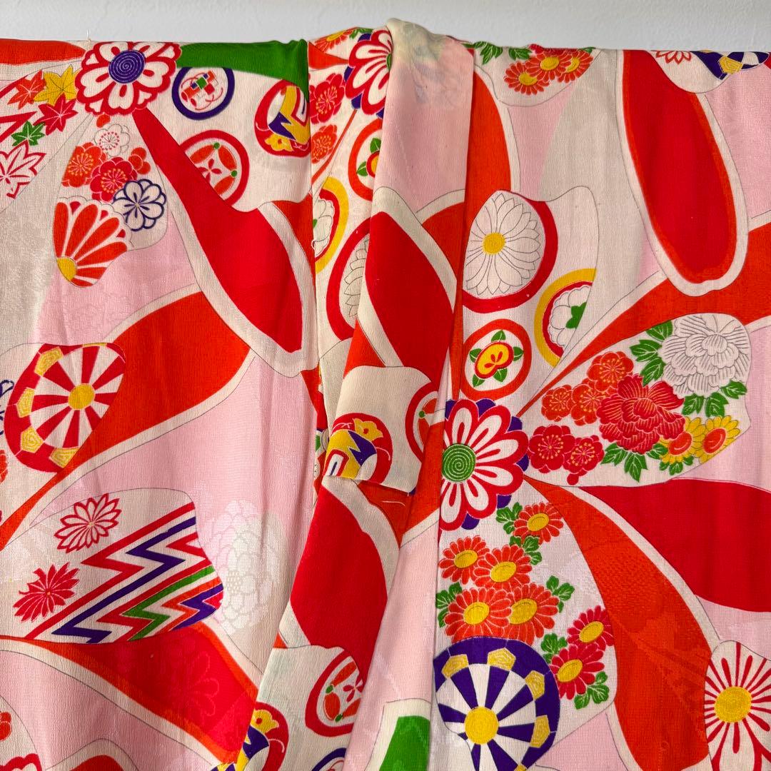 しつけ付　着物　正絹　ピンク　赤　七五三　子供着物　150裄59 アンティーク