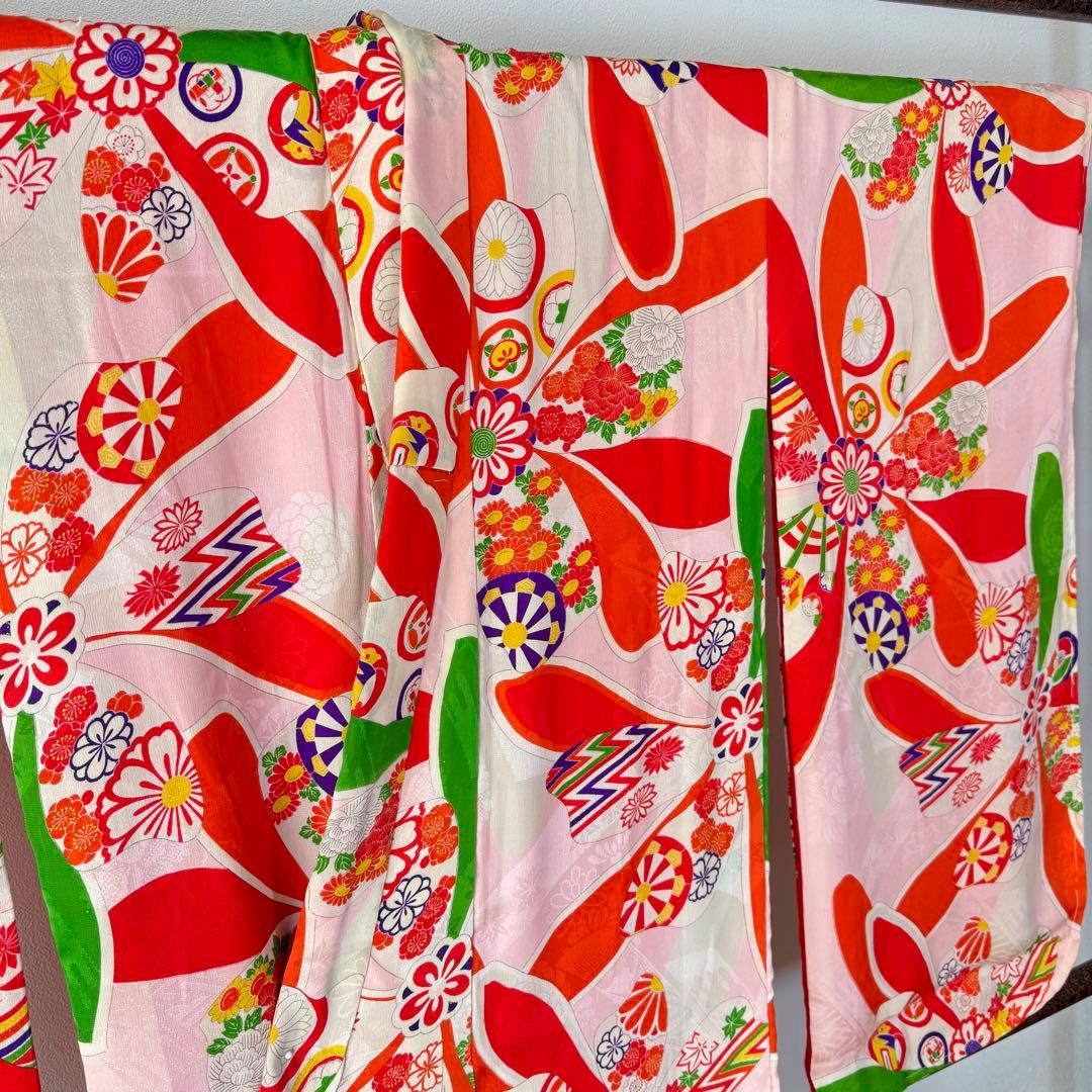 しつけ付　着物　正絹　ピンク　赤　七五三　子供着物　150裄59 アンティーク