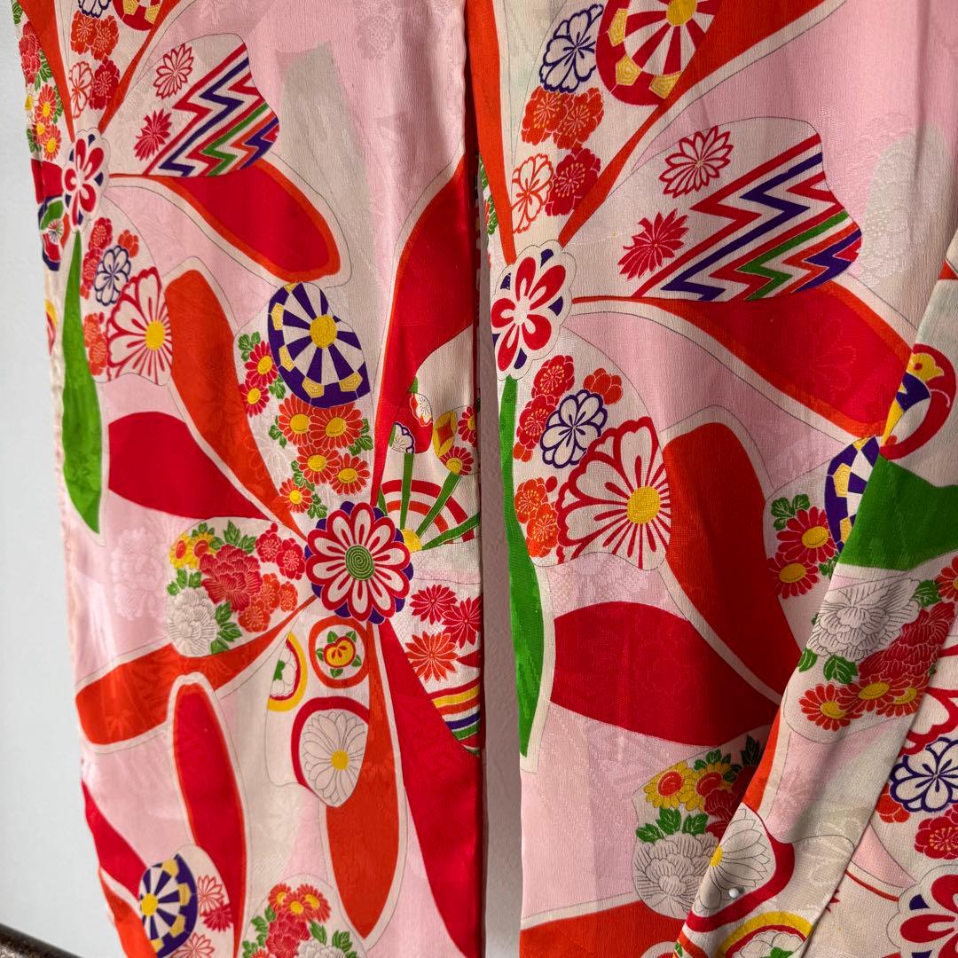 しつけ付　着物　正絹　ピンク　赤　七五三　子供着物　150裄59 アンティーク