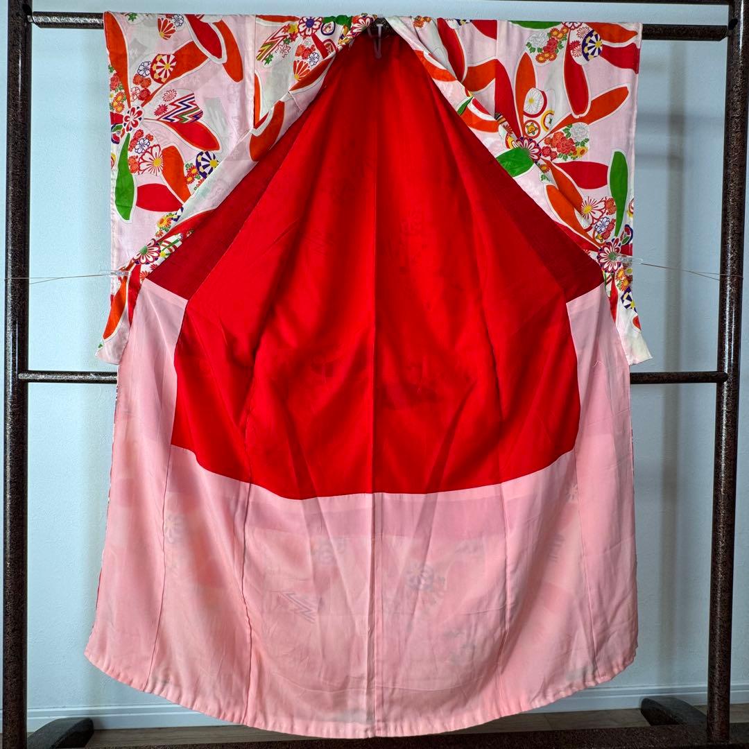 しつけ付　着物　正絹　ピンク　赤　七五三　子供着物　150裄59 アンティーク