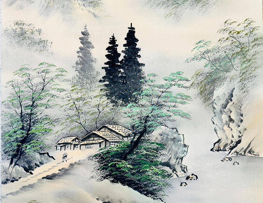 見事‼︎ 平野 翠雪 筆 彩色山水 掛け軸 掛軸 肉筆 共箱 タトウ箱 尺八