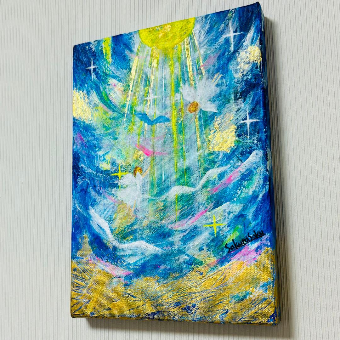 【降り注ぐ金色の光】,天使,angel,空,青空,光,ブルー,青,青い鳥,抽象画