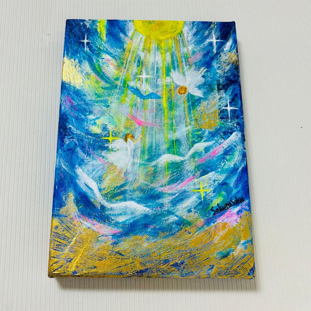 【降り注ぐ金色の光】,天使,angel,空,青空,光,ブルー,青,青い鳥,抽象画