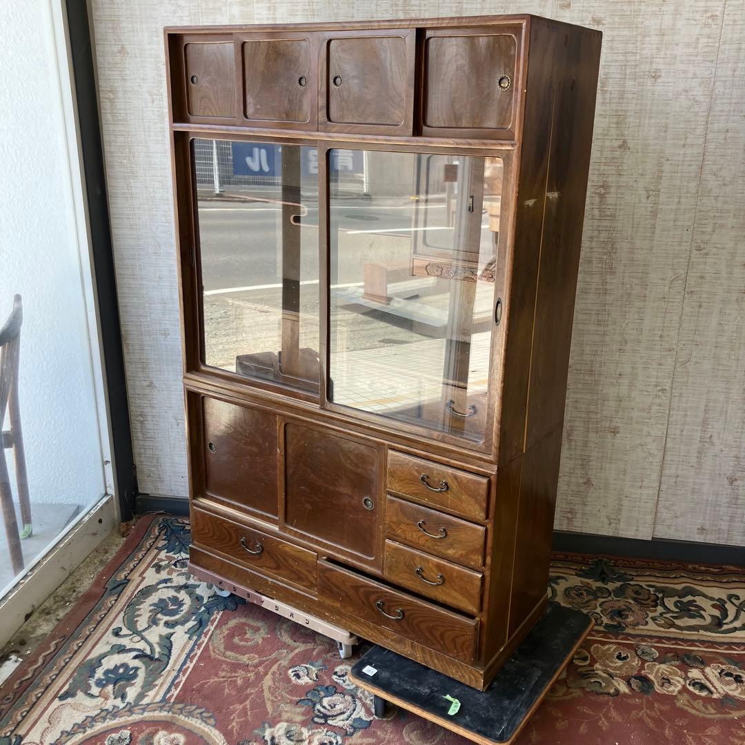 昭和レトロ 茶箪笥 茶棚 ガラス扉 サイドボード 古家具 飾り棚
