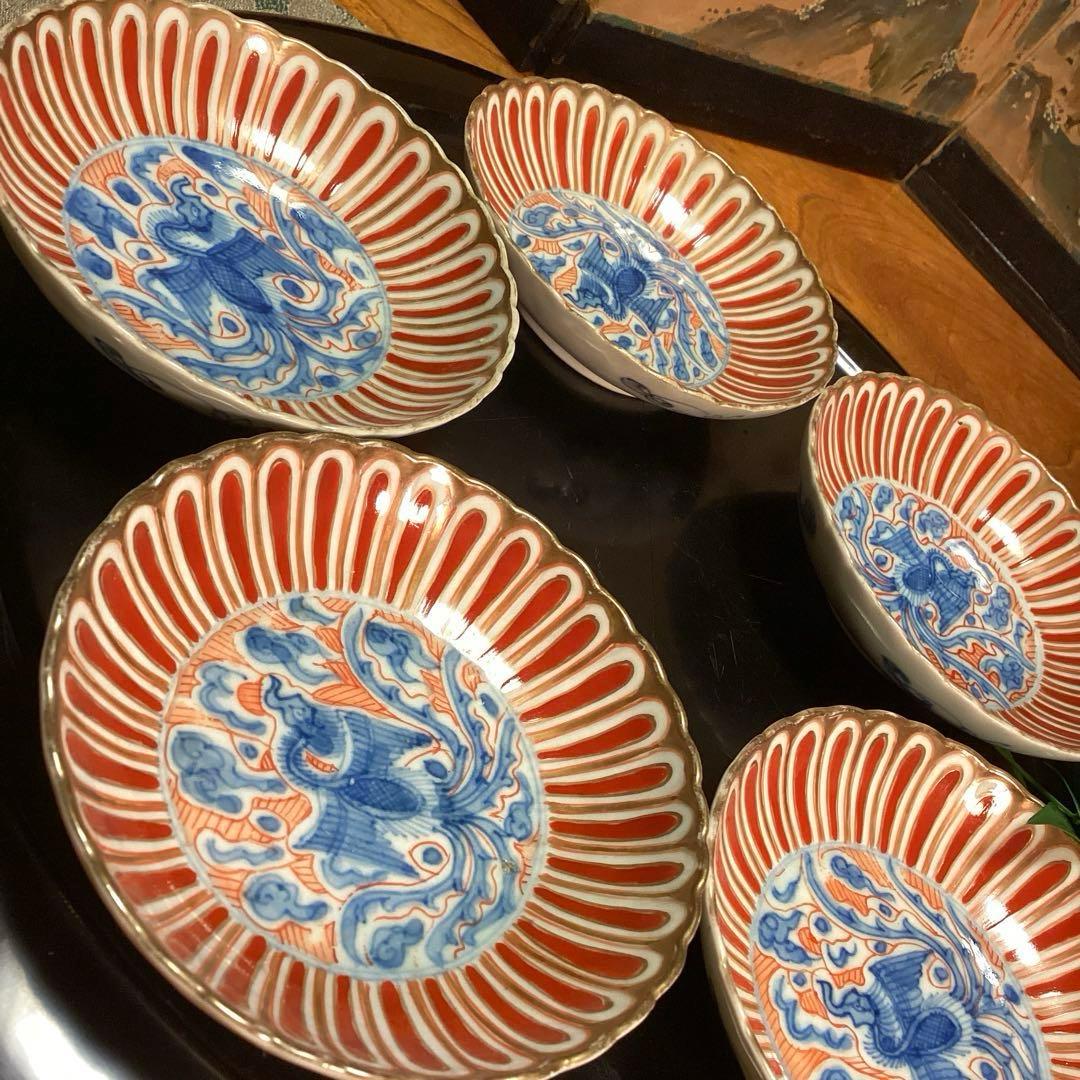 A1007 大聖寺伊万里　赤絵　染錦手　菊形　　５枚