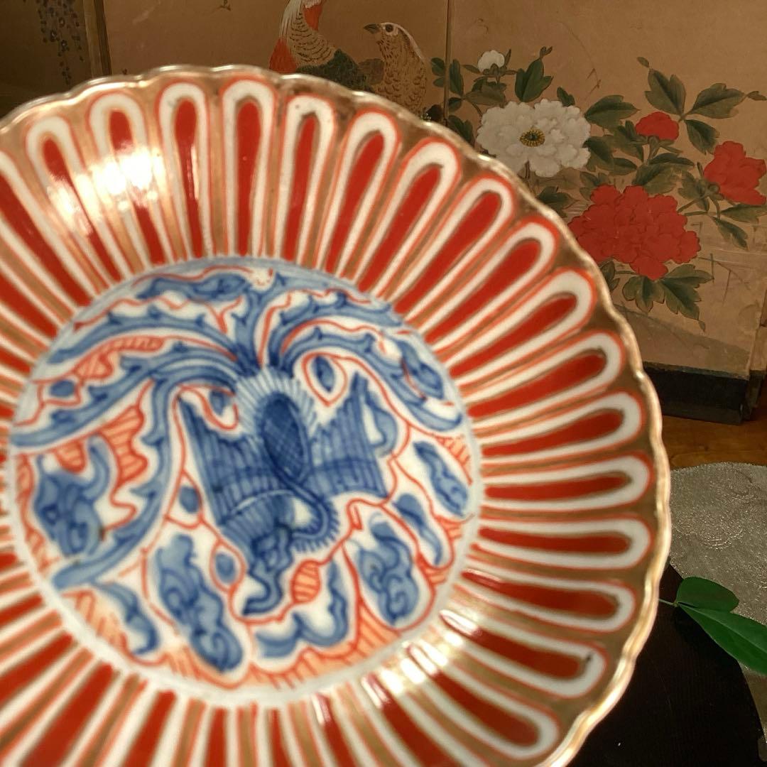 A1007 大聖寺伊万里　赤絵　染錦手　菊形　　５枚