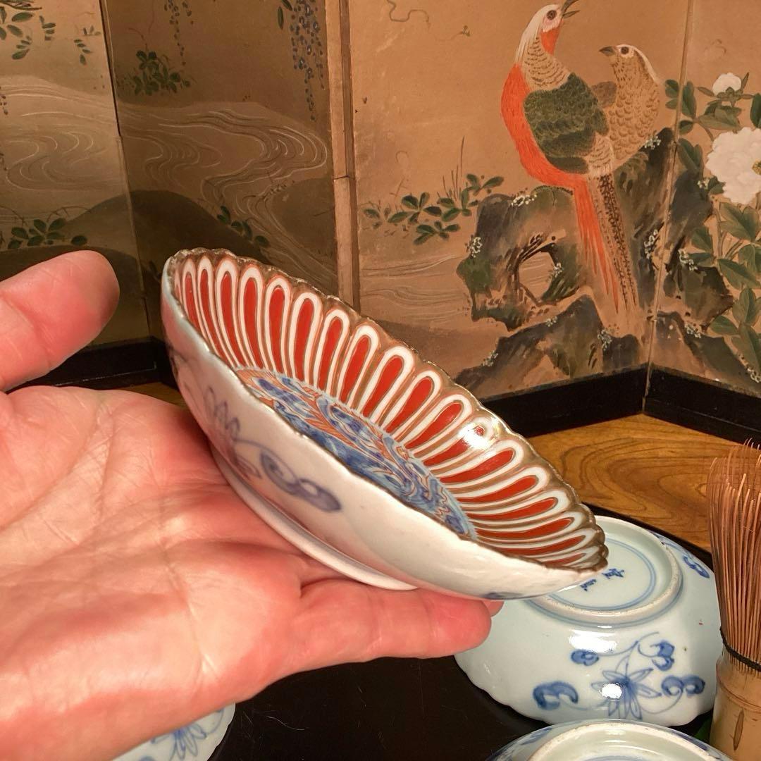 A1007 大聖寺伊万里　赤絵　染錦手　菊形　　５枚